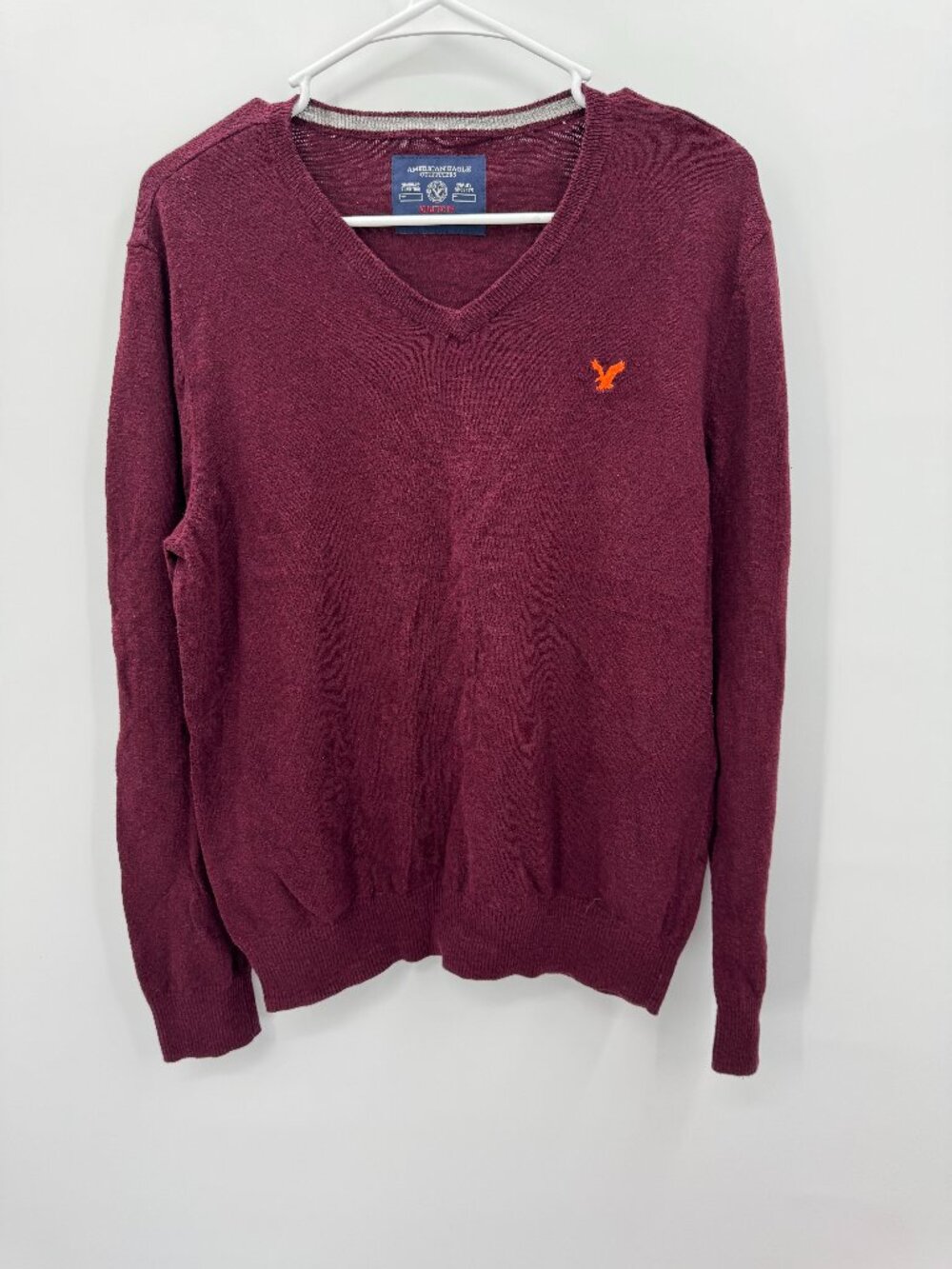 American Eagle V-Neck Sweater Burgundy Heather Orange Eagle Logo Mens Medium